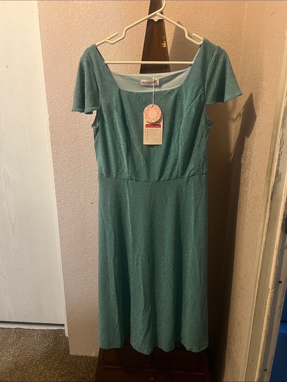 Sparkle Teal Midi Dress with Scoop Neck and Flutter Sleeves
